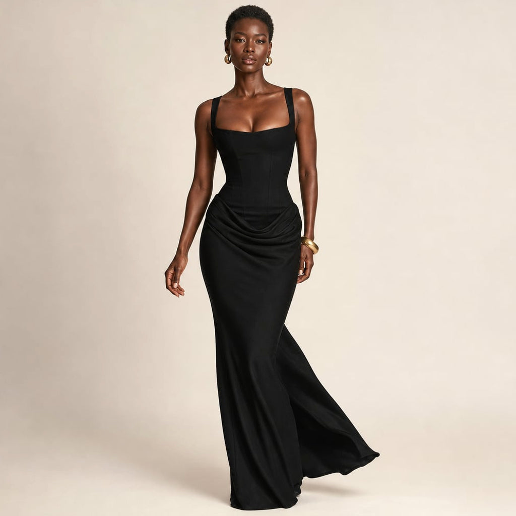 Vestido maxi bodycon negro con espalda abierta hasta la zona lumbar y largo hasta el piso, visto de frente sobre fondo neutro