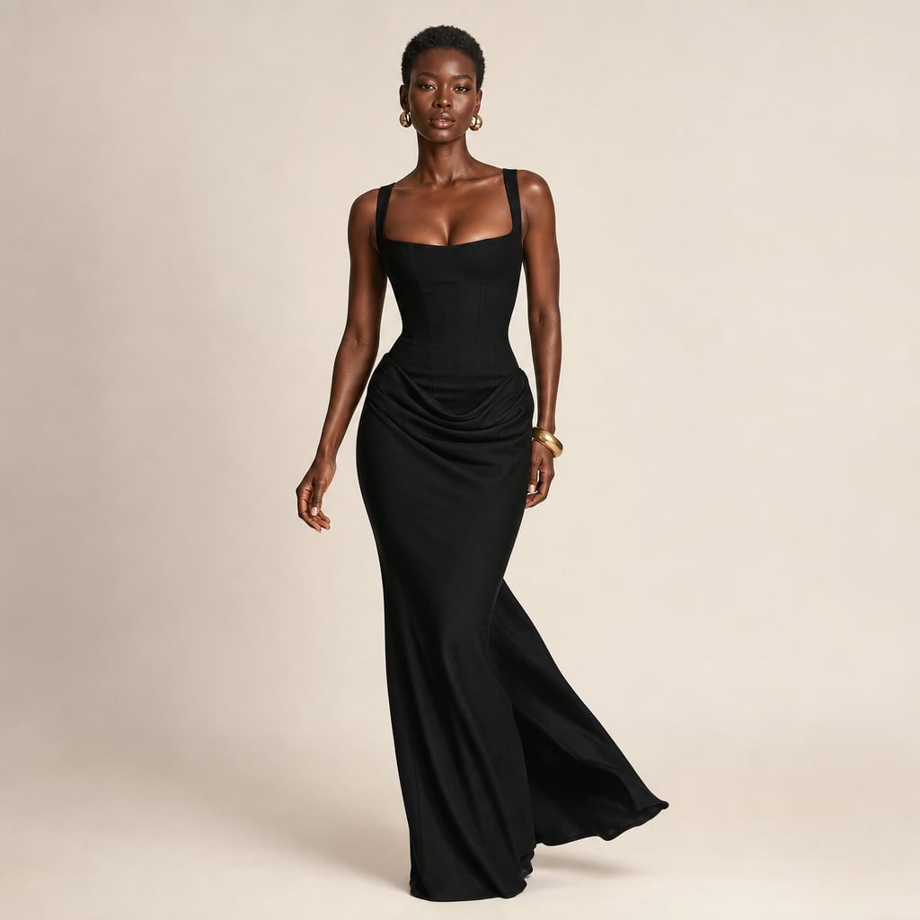 Vestido maxi bodycon negro con espalda abierta hasta la zona lumbar y largo hasta el piso, visto de frente sobre fondo neutro
