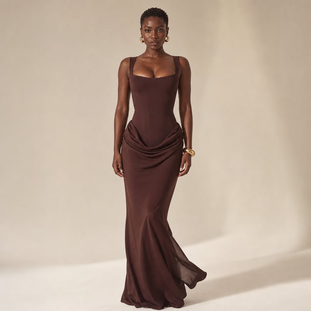 Modelo de frente y de espaldas usando vestido maxi bodycon negro con apertura profunda en la espalda y caída hasta el suelo