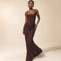 Vestido maxi bodycon espalda abierta hasta el piso en Brown – Labetina