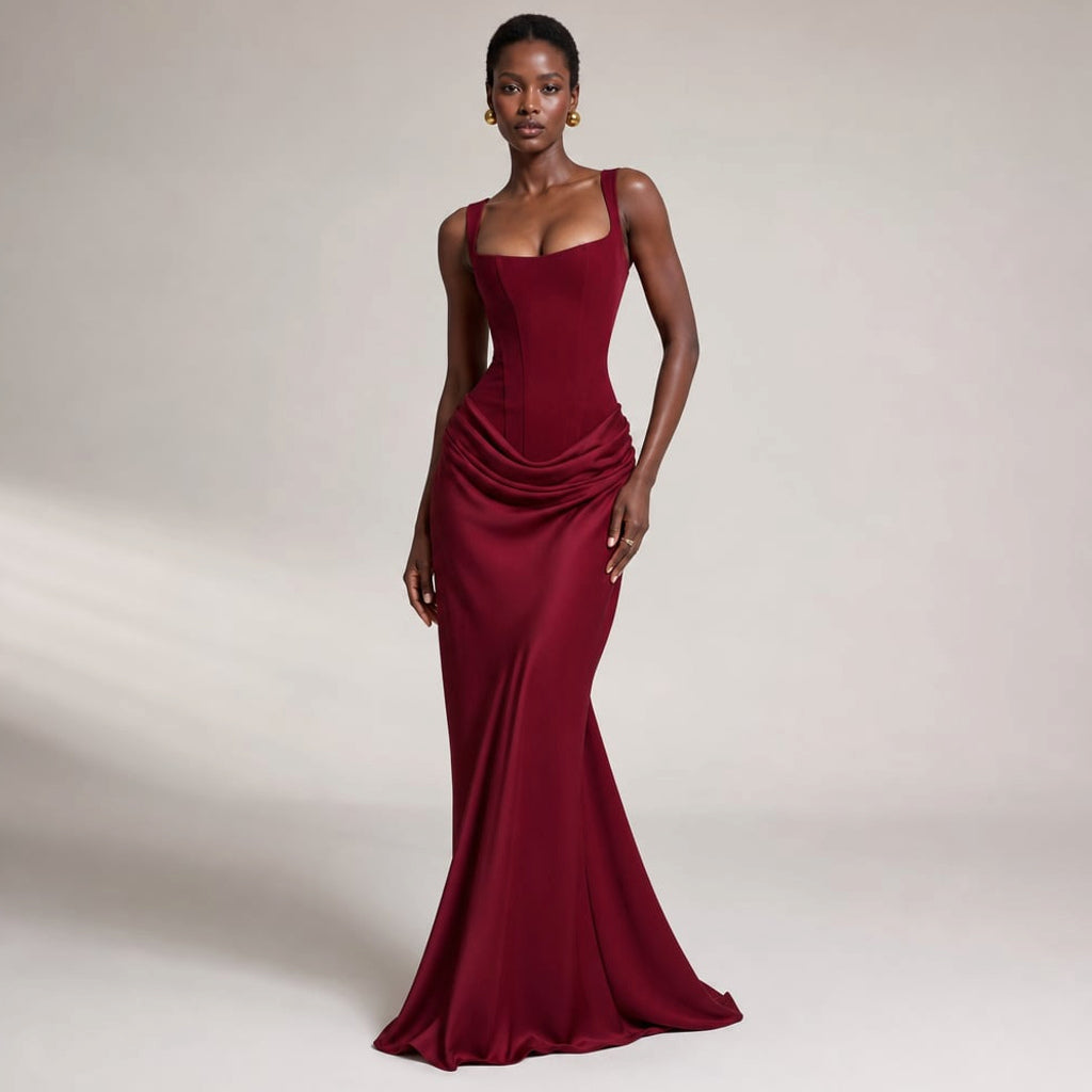 Vestido maxi bodycon espalda abierta hasta el piso en Burgundy – Labetina