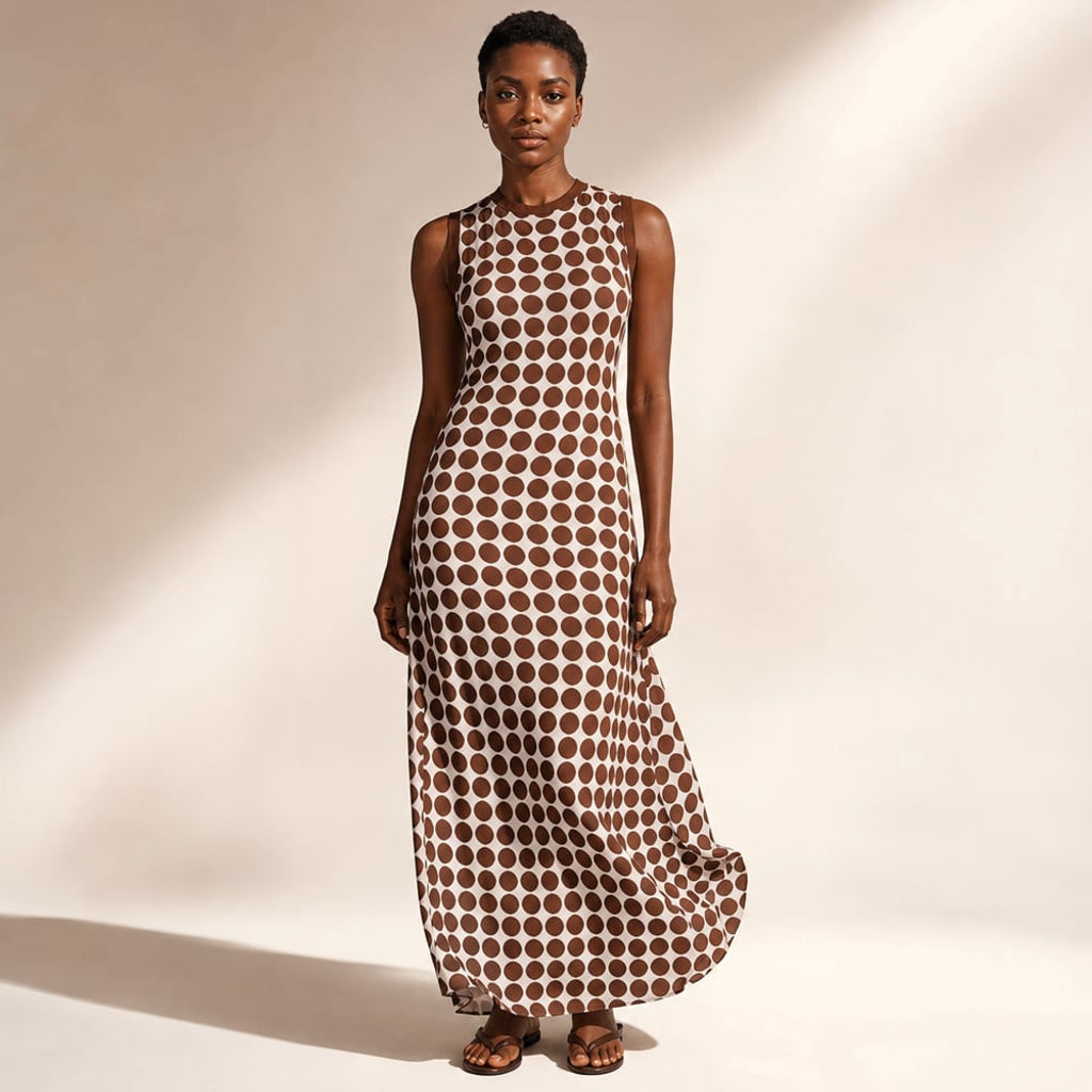 Vestido maxi sin mangas en estampado chocolate spot con cierre de botones en la nuca, visto de frente sobre fondo neutro
