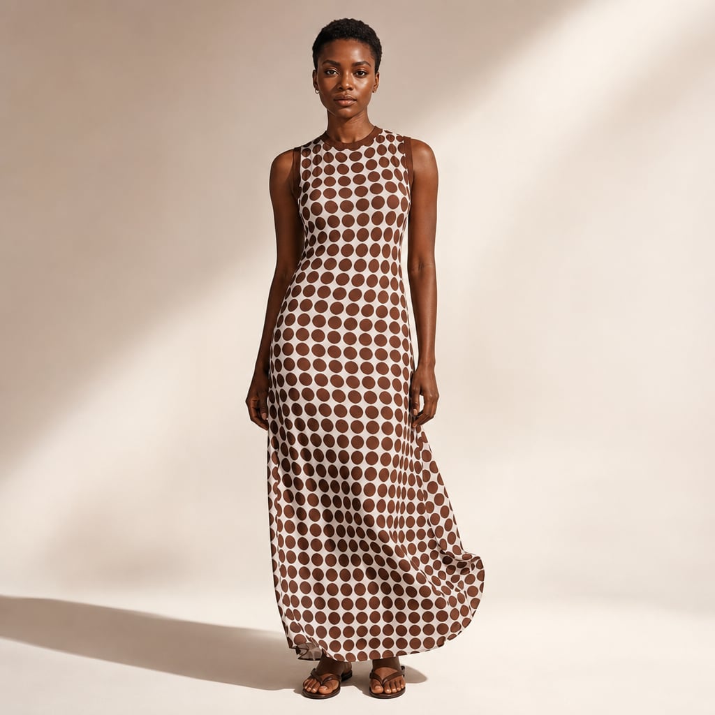 Vestido maxi sin mangas en estampado chocolate spot con cierre de botones en la nuca, visto de frente sobre fondo neutro
