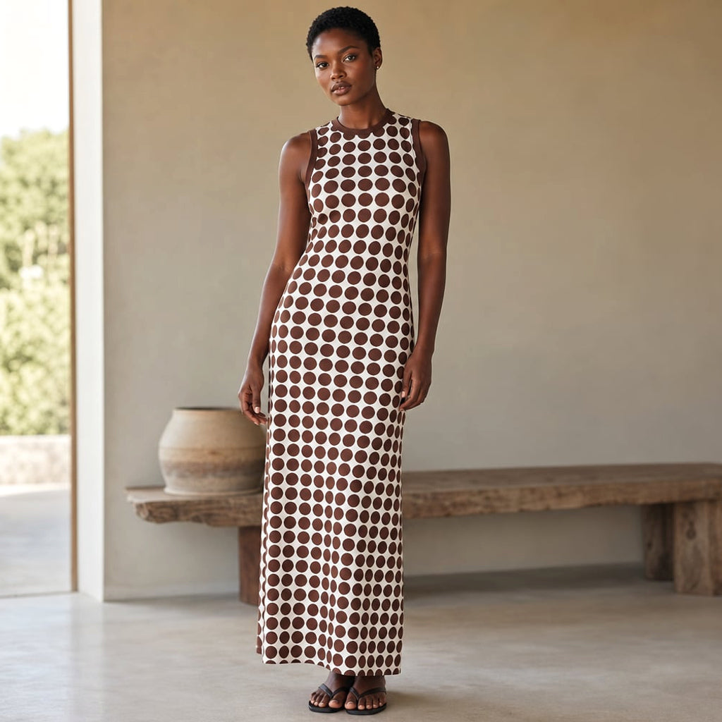 Vestido maxi sin mangas estampado chocolate con botones – Labetina
