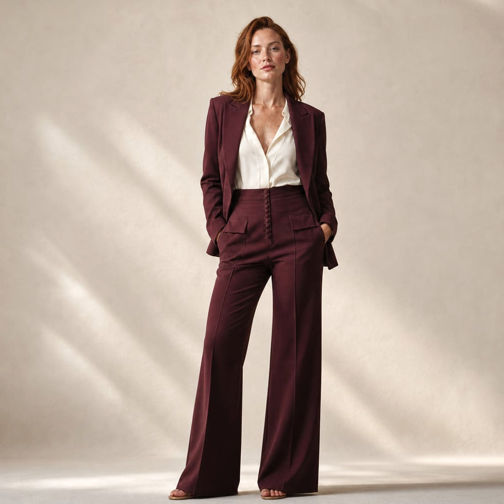 Conjunto de dos piezas en color borgoña con blazer de solapa picuda y pantalón de pierna ancha hasta el piso, vista frontal completa