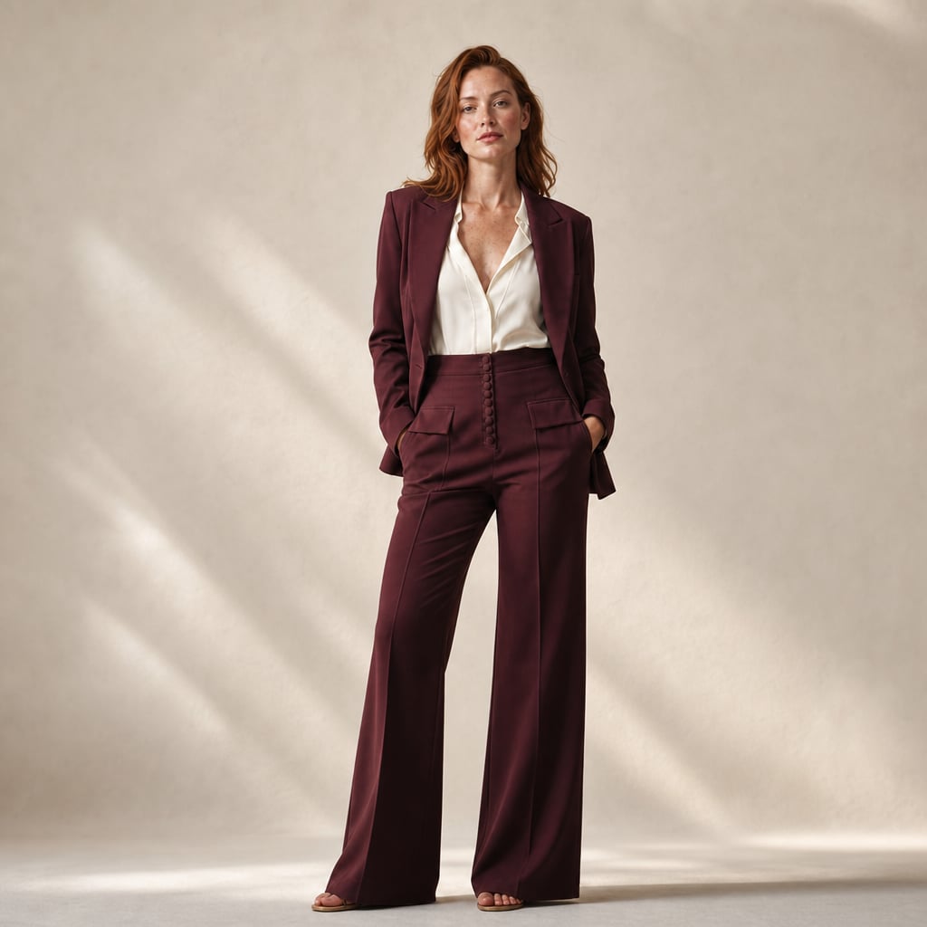Conjunto de dos piezas en color borgoña con blazer de solapa picuda y pantalón de pierna ancha hasta el piso, vista frontal completa