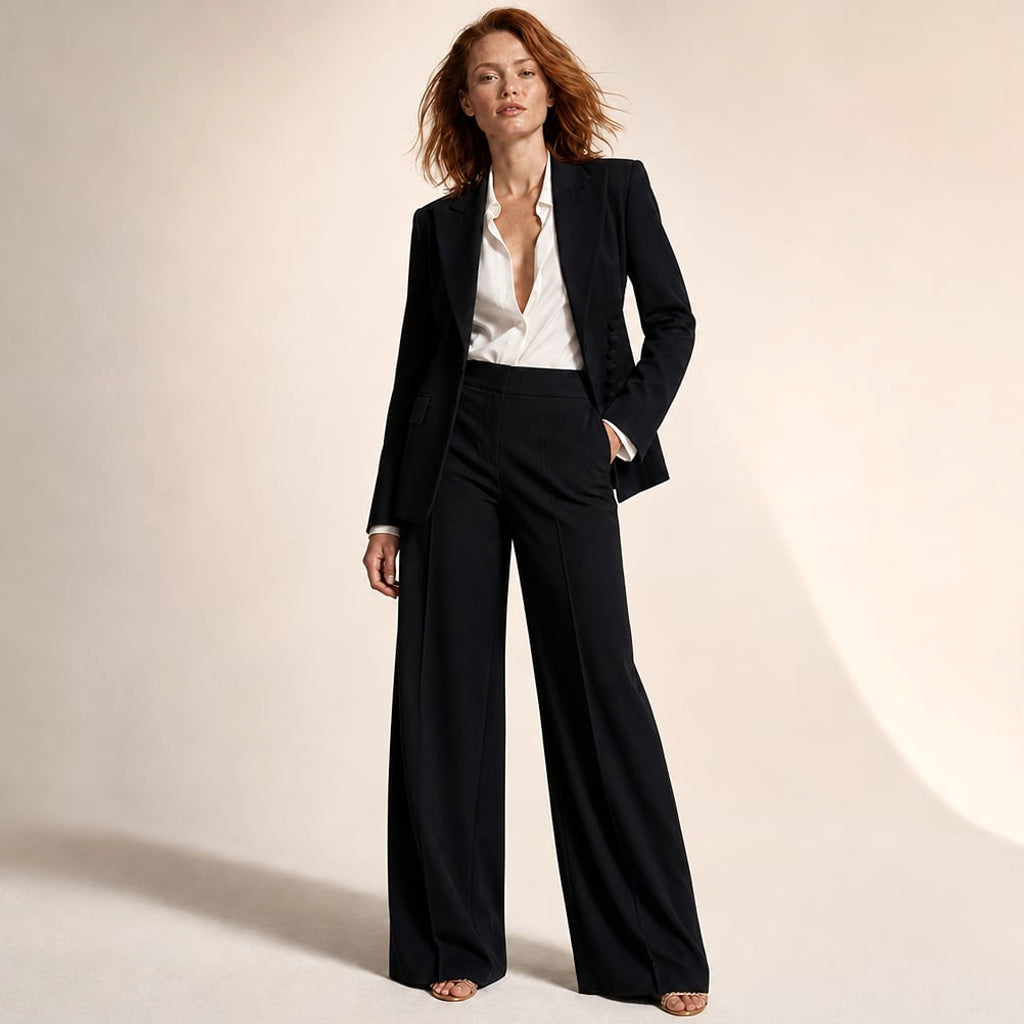 Conjunto de dos piezas blazer y pantalón de pierna ancha con solapa picuda en Black – Labetina