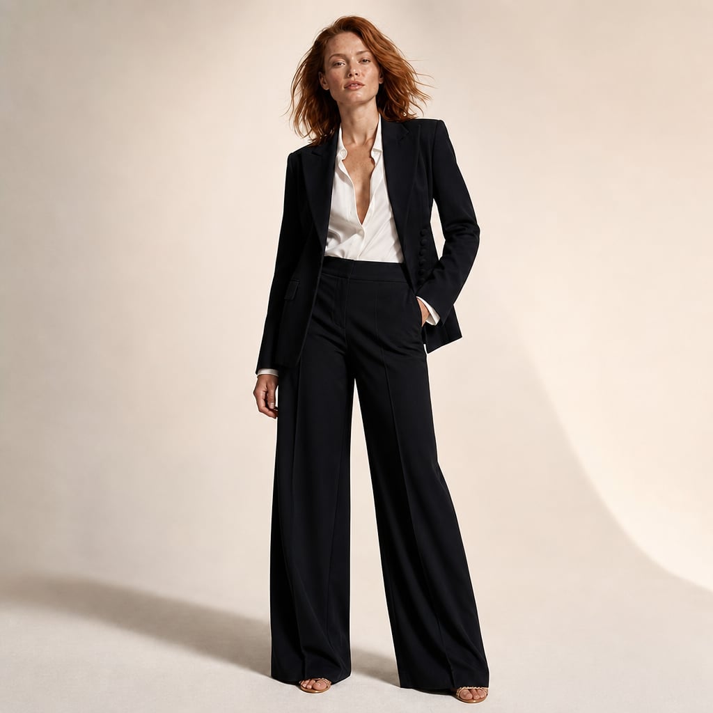 Conjunto de dos piezas blazer y pantalón de pierna ancha con solapa picuda en Black – Labetina