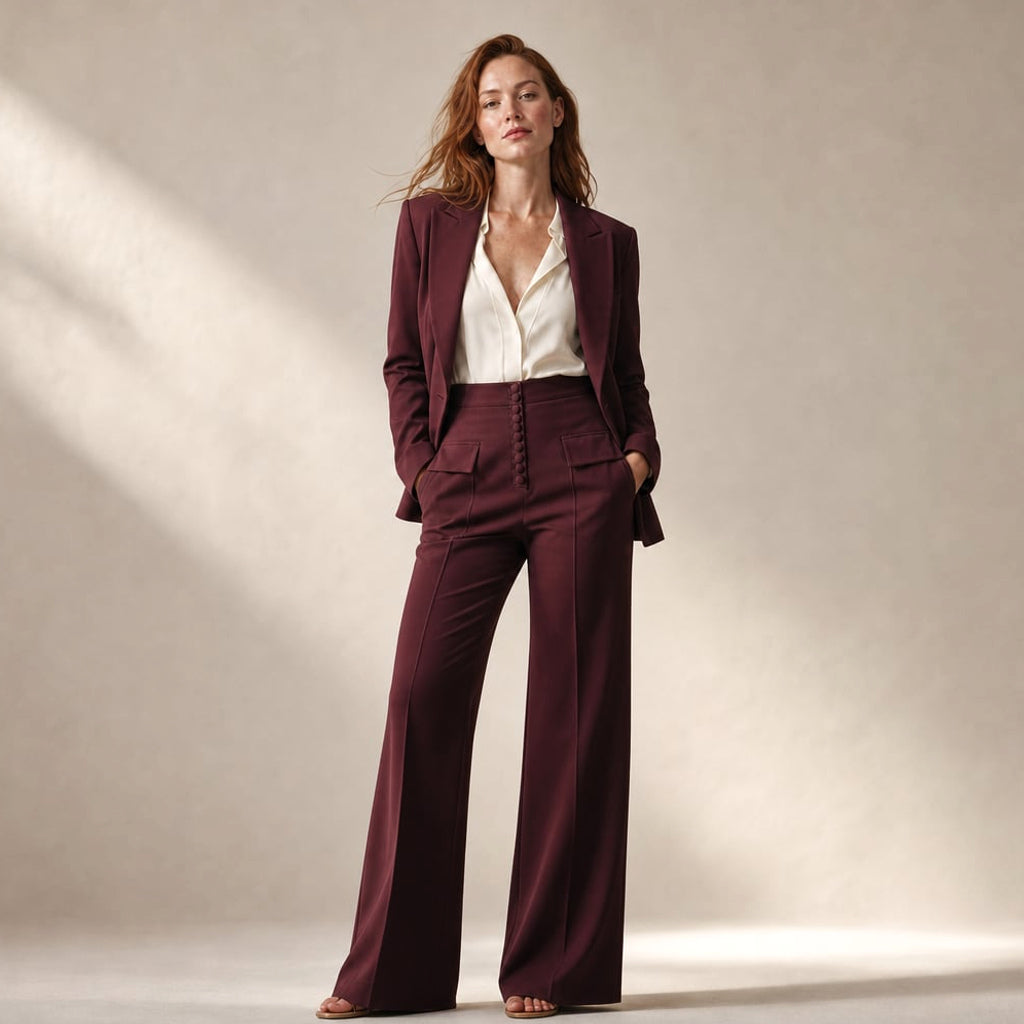 Modelo vistiendo conjunto sastre borgoña de blazer entallado con solapas picudas y pantalón de pierna ancha de tiro alto, silueta completa
