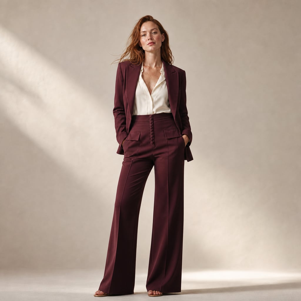 Modelo vistiendo conjunto sastre borgoña de blazer entallado con solapas picudas y pantalón de pierna ancha de tiro alto, silueta completa