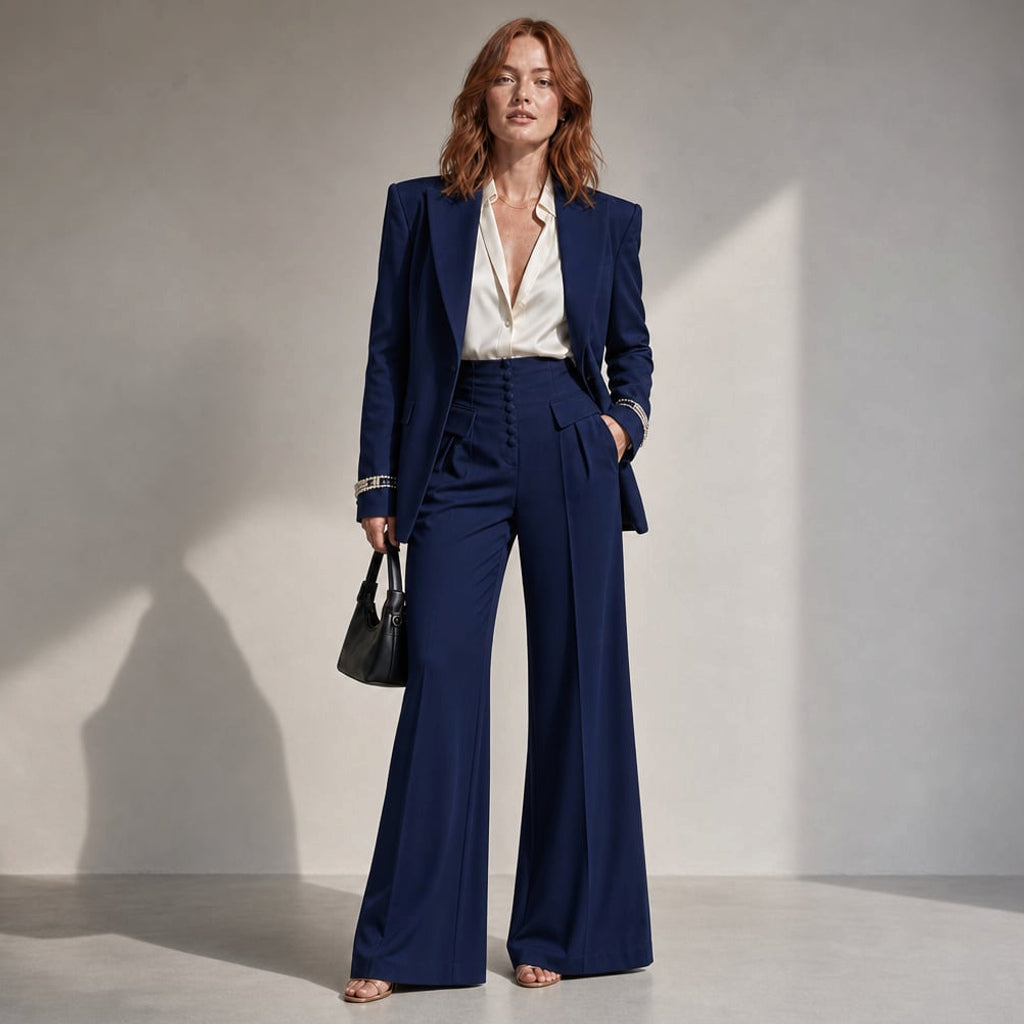 Conjunto de dos piezas blazer y pantalón de pierna ancha con solapa picuda en Navy Blue – Labetina