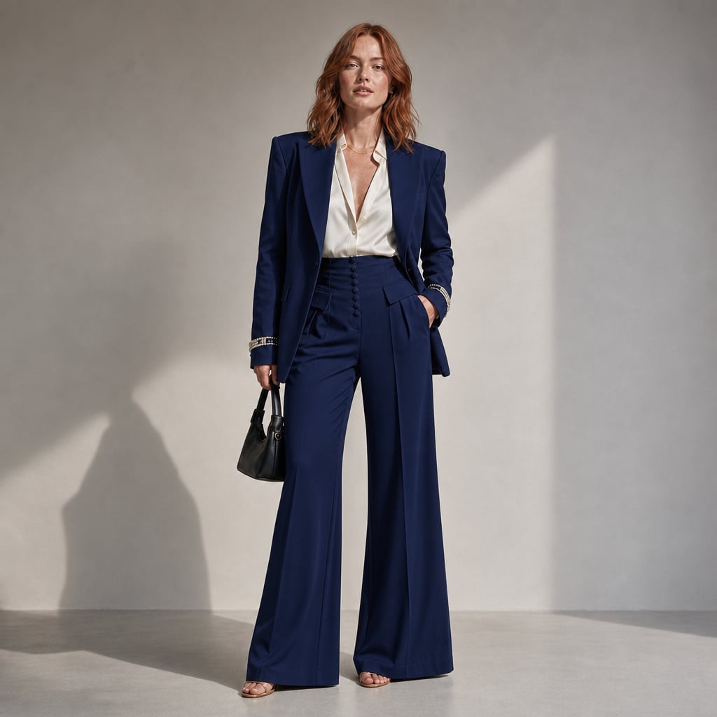 Conjunto de dos piezas blazer y pantalón de pierna ancha con solapa picuda en Navy Blue – Labetina
