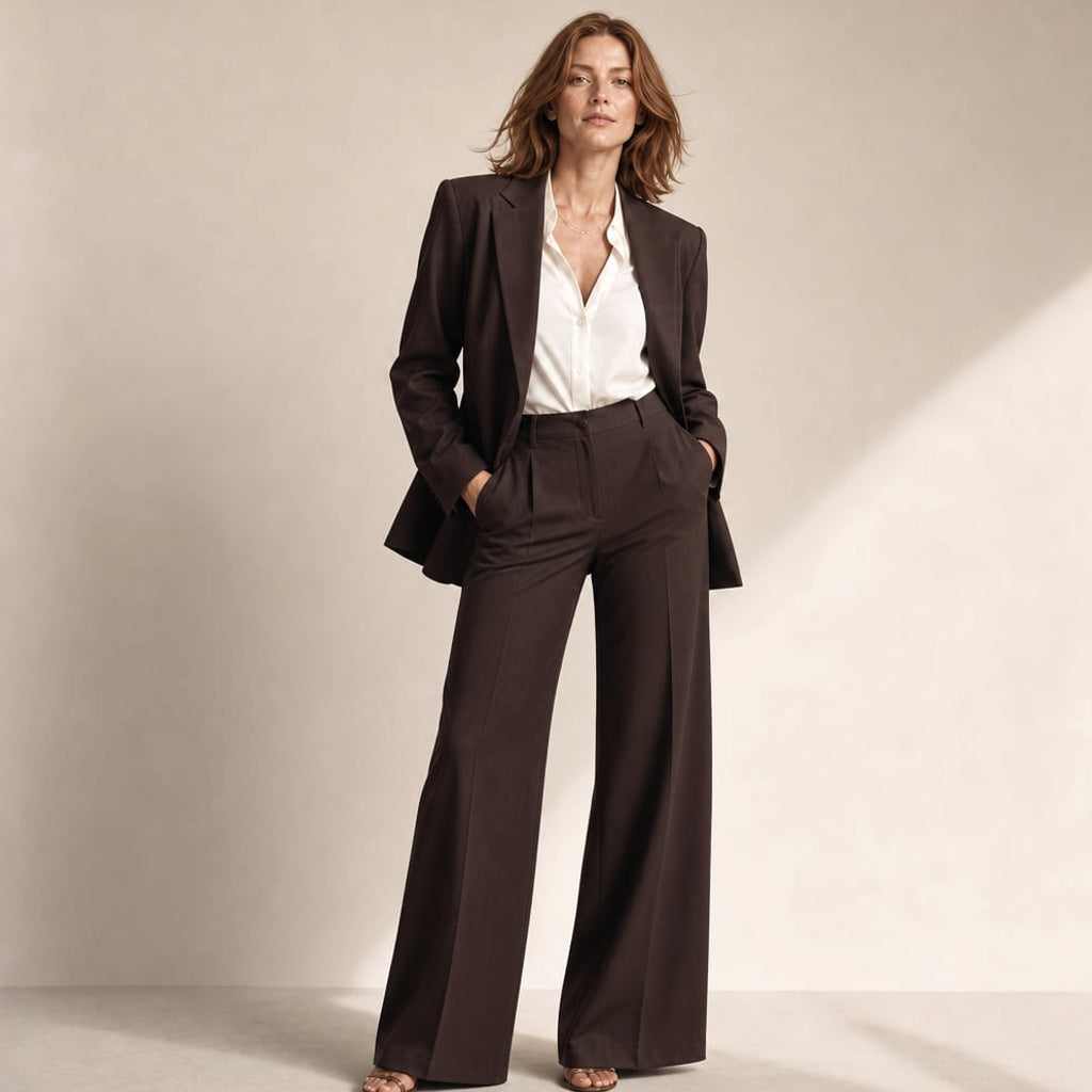 Conjunto de dos piezas blazer y pantalón de pierna ancha con solapa picuda en Dark Brown – Labetina