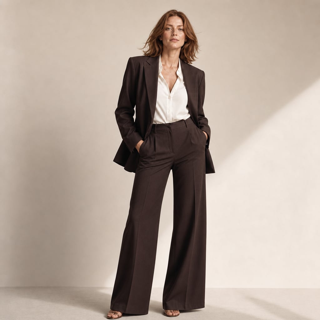 Conjunto de dos piezas blazer y pantalón de pierna ancha con solapa picuda en Dark Brown – Labetina