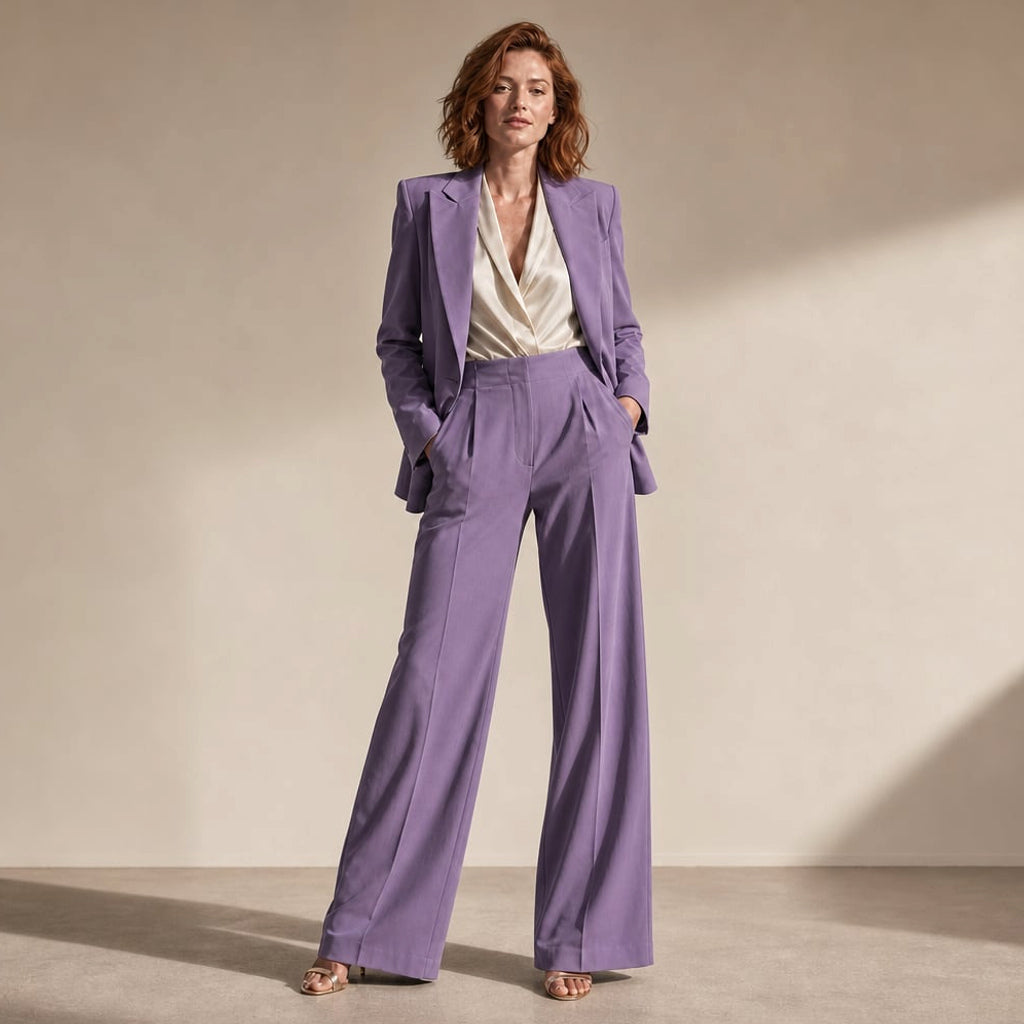 Conjunto de dos piezas blazer y pantalón de pierna ancha con solapa picuda en Purple – Labetina