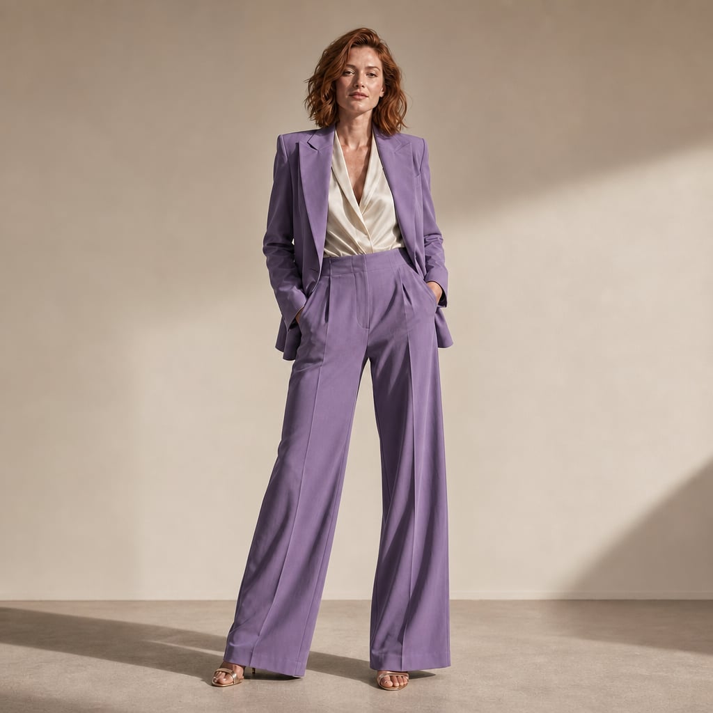 Conjunto de dos piezas blazer y pantalón de pierna ancha con solapa picuda en Purple – Labetina