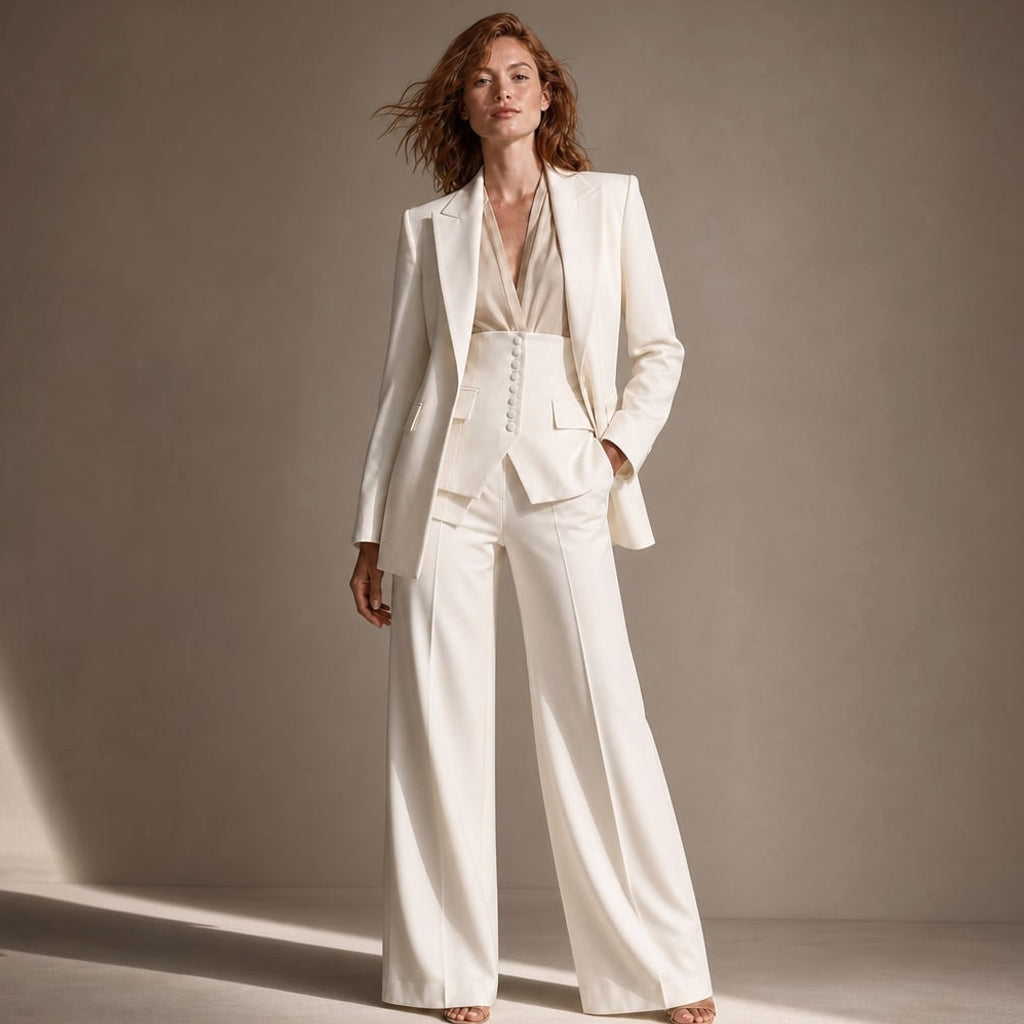 Conjunto de dos piezas blazer y pantalón de pierna ancha con solapa picuda en Cream – Labetina
