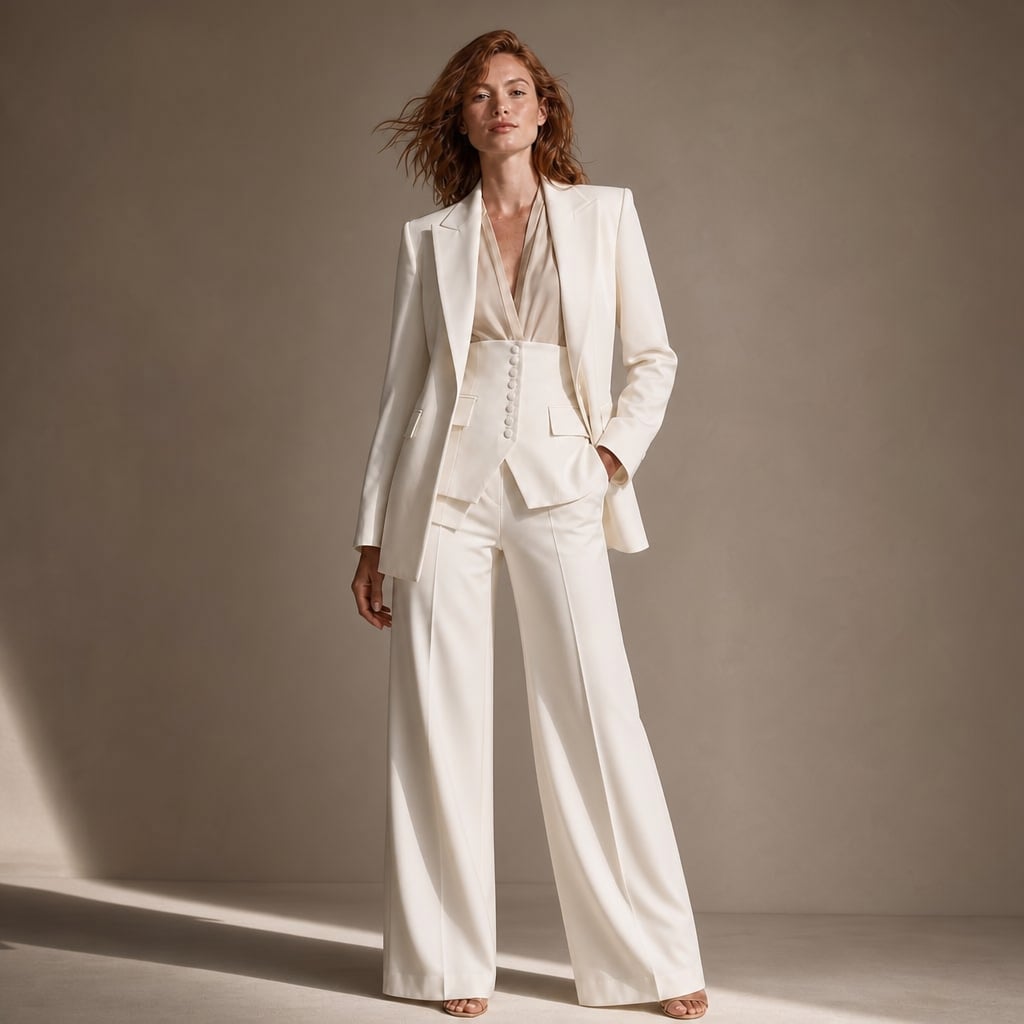 Conjunto de dos piezas blazer y pantalón de pierna ancha con solapa picuda en Cream – Labetina