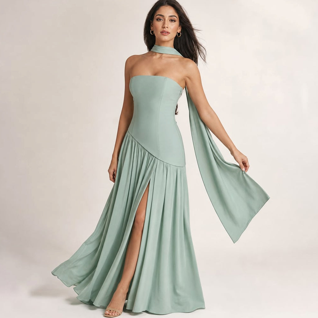 Vestido maxi strapless en color menta con corsé estructurado, paneles de pañuelo traseros y abertura alta en el frente