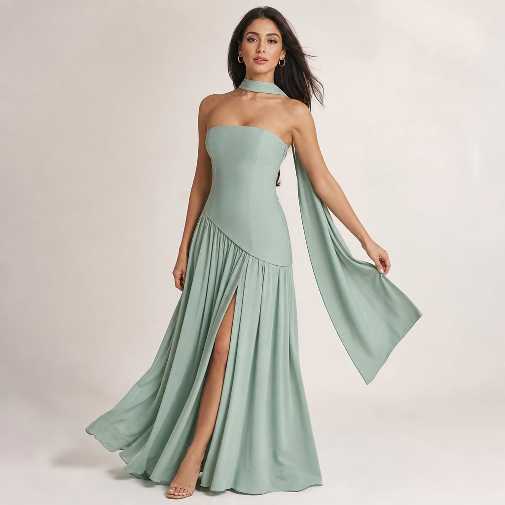 Vestido maxi strapless en color menta con corsé estructurado, paneles de pañuelo traseros y abertura alta en el frente