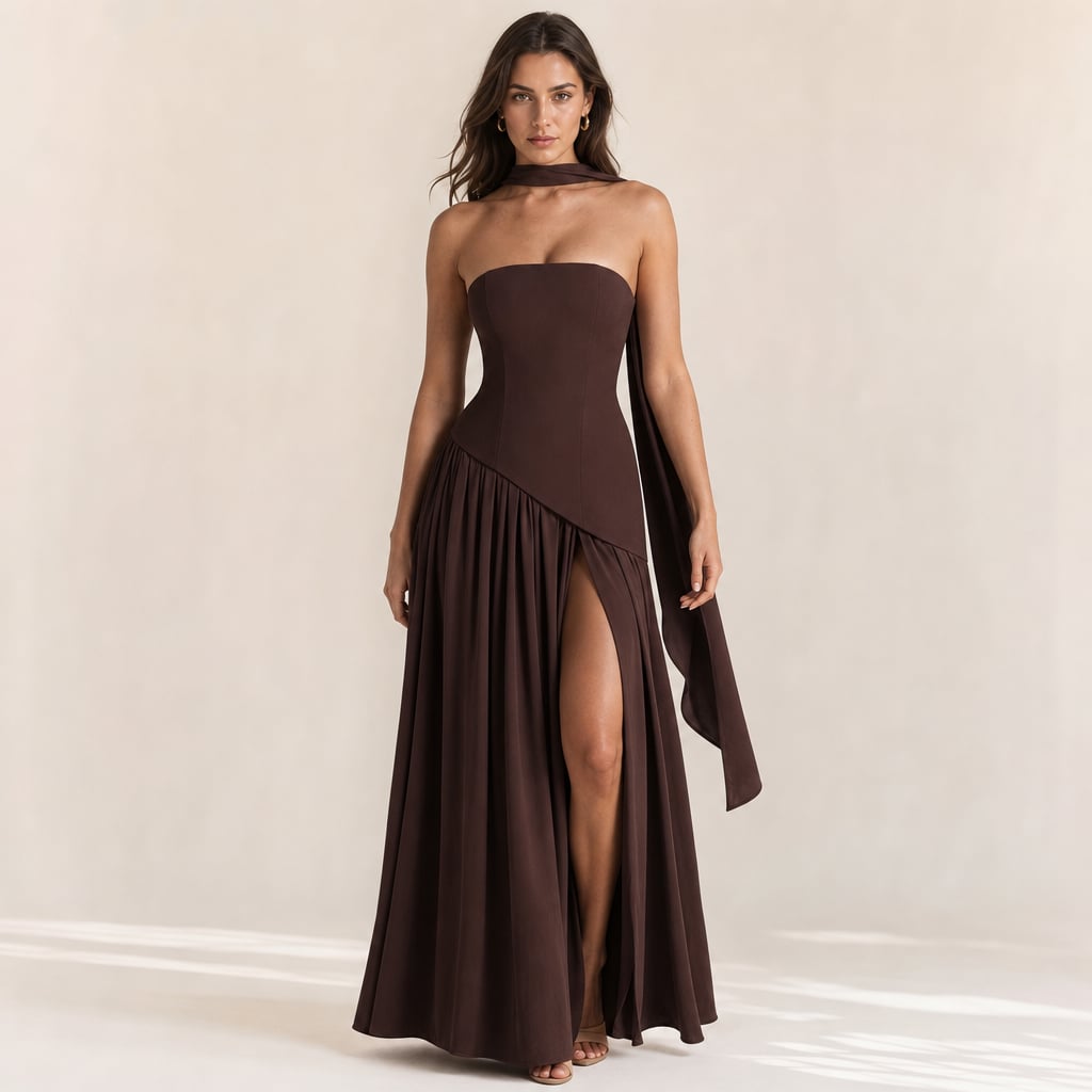 Modelo de frente usando vestido maxi strapless menta con corsé y abertura en la pierna