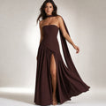 Vestido maxi strapless corsé pañuelo abertura alta en Brown – Labetina