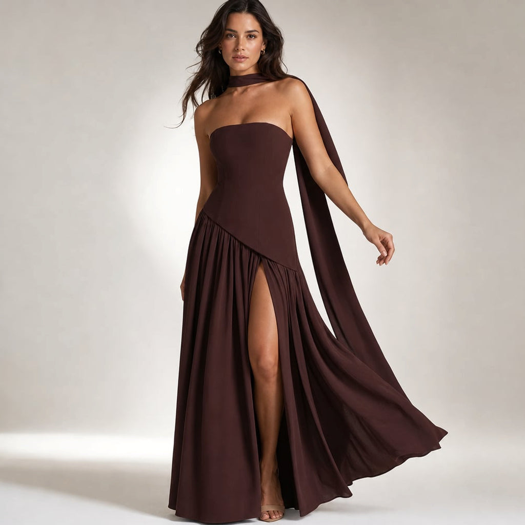 Vestido maxi strapless corsé pañuelo abertura alta en Brown – Labetina