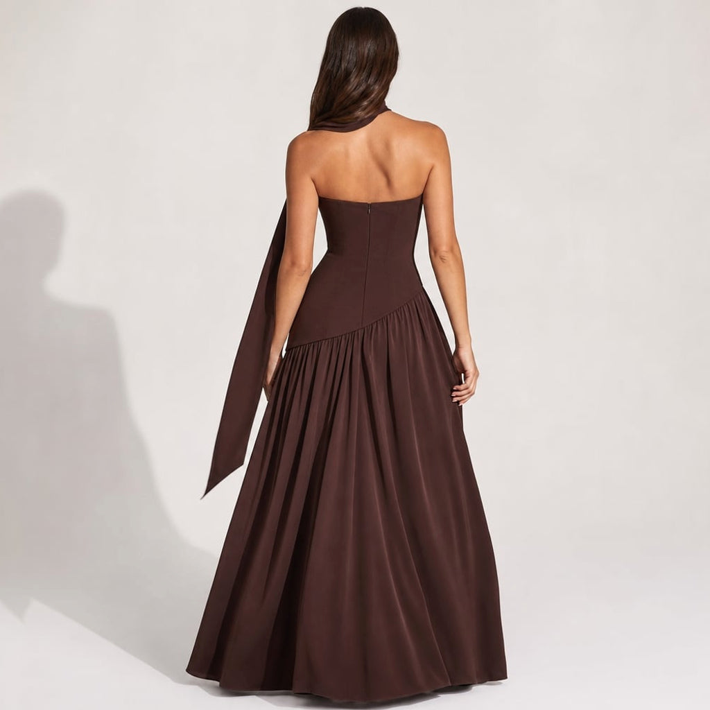 Vestido maxi strapless corsé pañuelo abertura alta – Labetina