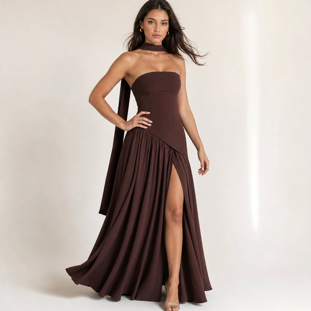 Vestido maxi strapless corsé pañuelo abertura alta – Labetina