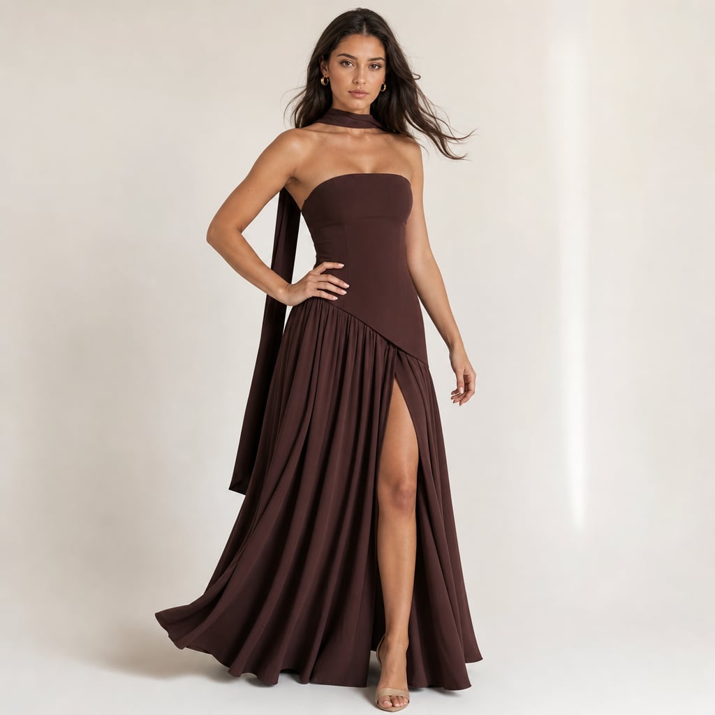 Vestido maxi strapless corsé pañuelo abertura alta – Labetina