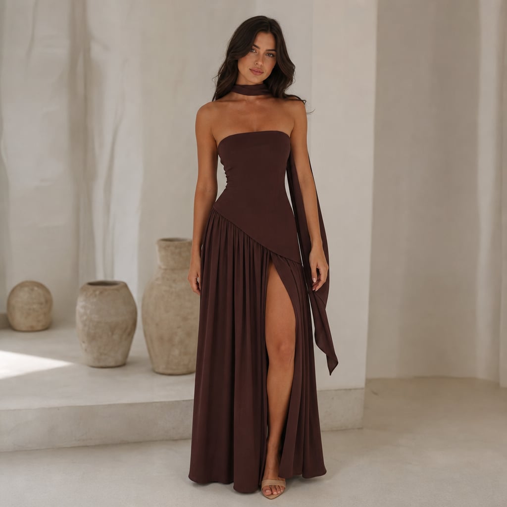 Vestido maxi strapless corsé pañuelo abertura alta – Labetina