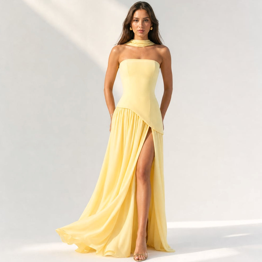 Vestido maxi strapless corsé pañuelo abertura alta en Lemon Yellow – Labetina