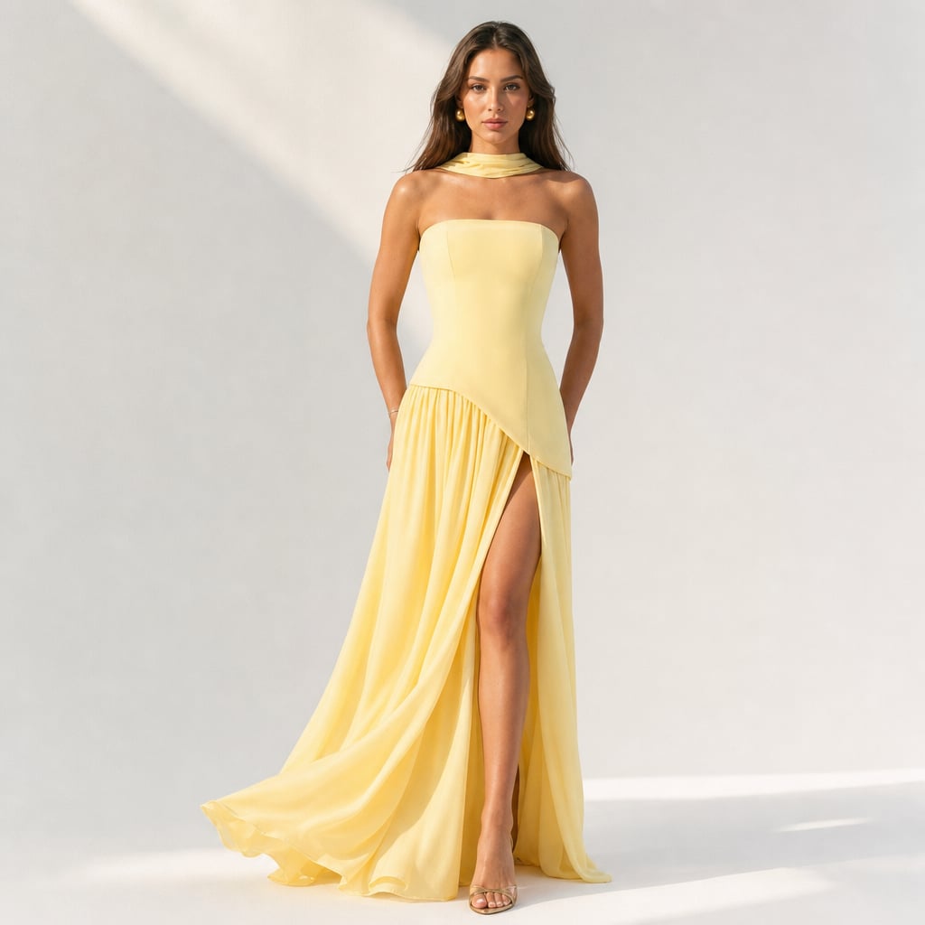 Vestido maxi strapless corsé pañuelo abertura alta en Lemon Yellow – Labetina