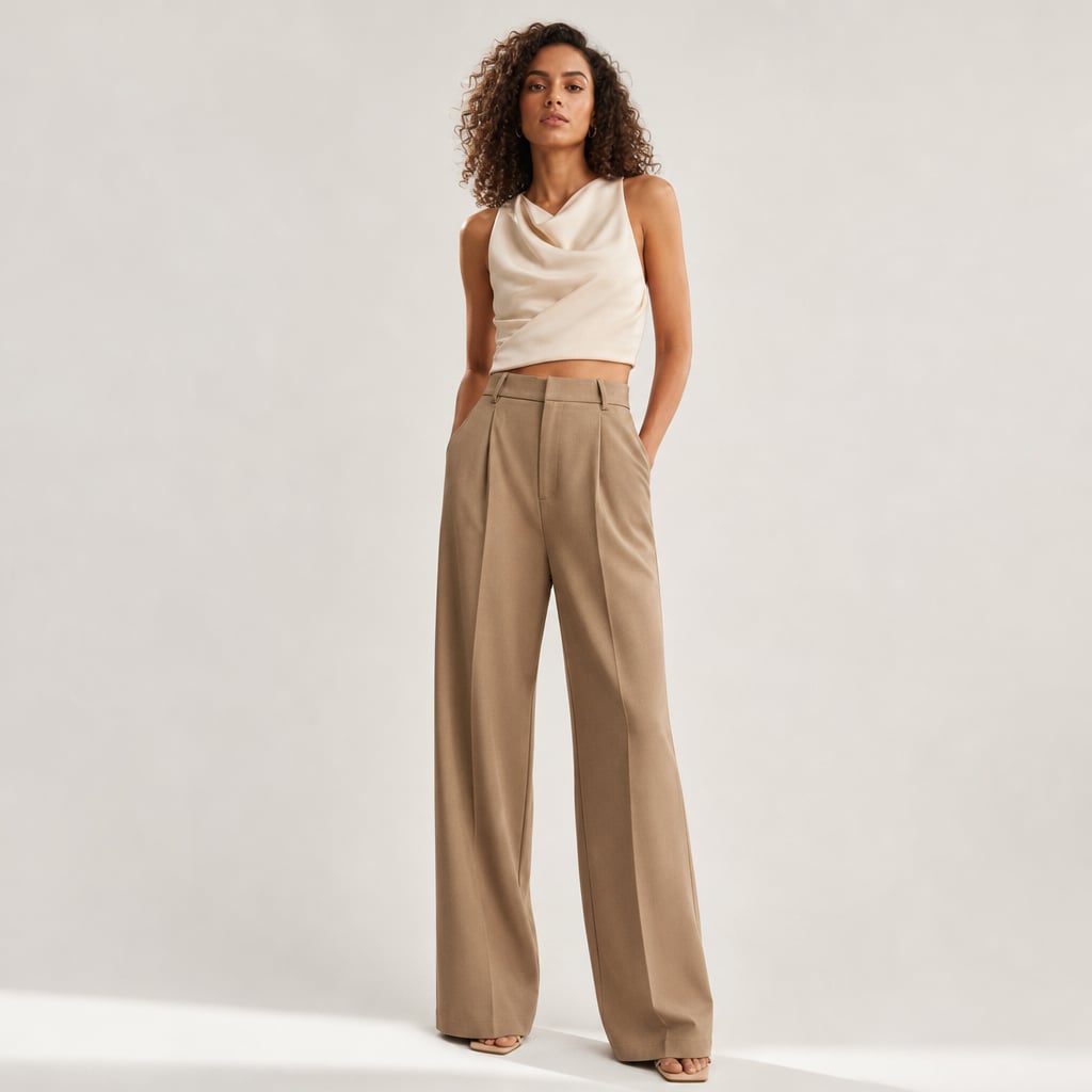 Pantalones anchos de tiro alto en color camel con corte sastre y pierna ancha vista de frente