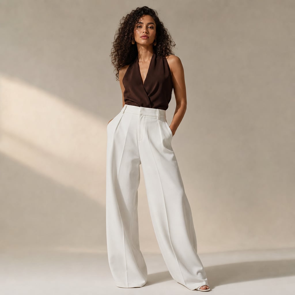 Pantalones anchos de tiro alto corte sastre verano en White – Labetina