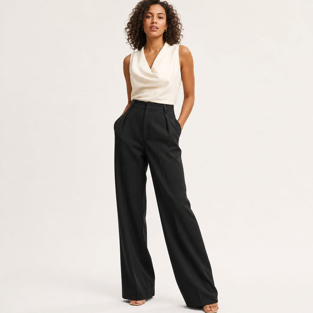 Pantalones anchos de tiro alto corte sastre verano en Black – Labetina