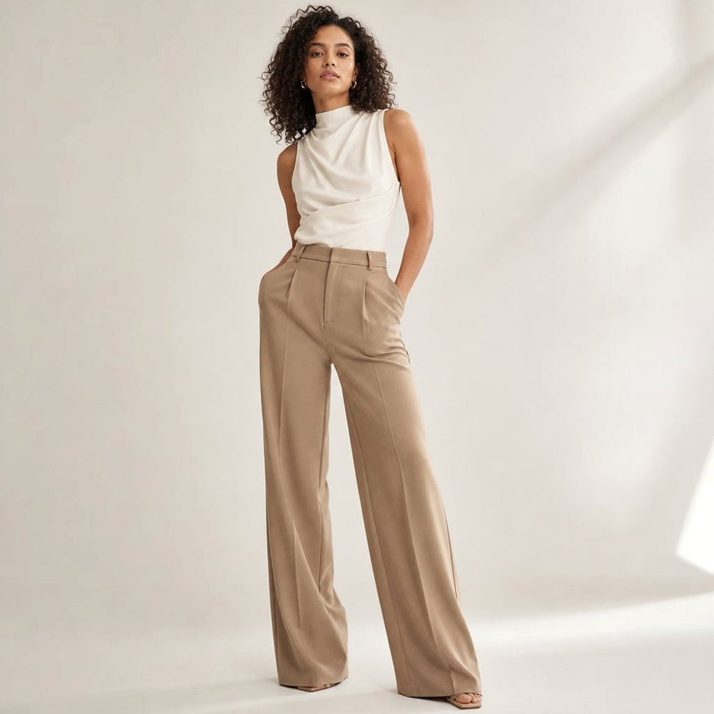 Modelo lleva pantalones anchos camel de tiro alto con caída recta hasta el tobillo