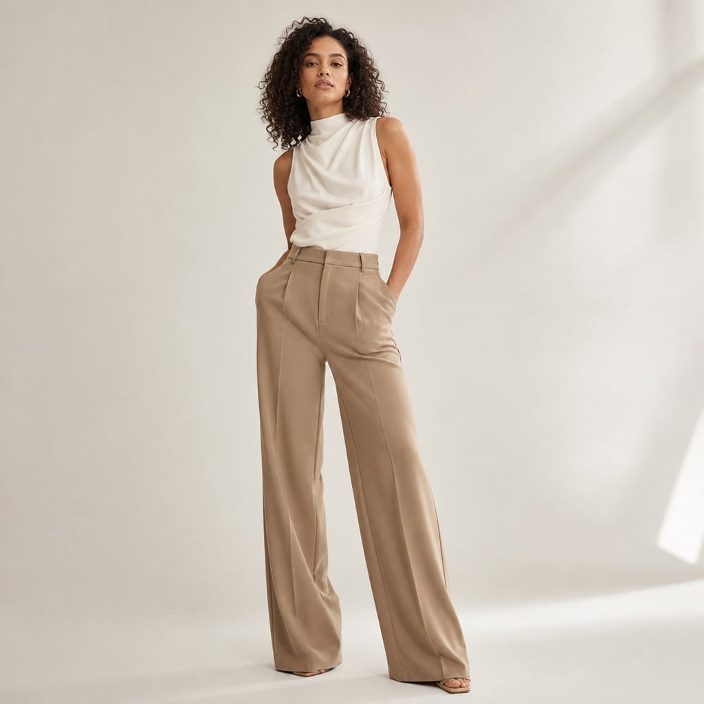 Modelo lleva pantalones anchos camel de tiro alto con caída recta hasta el tobillo