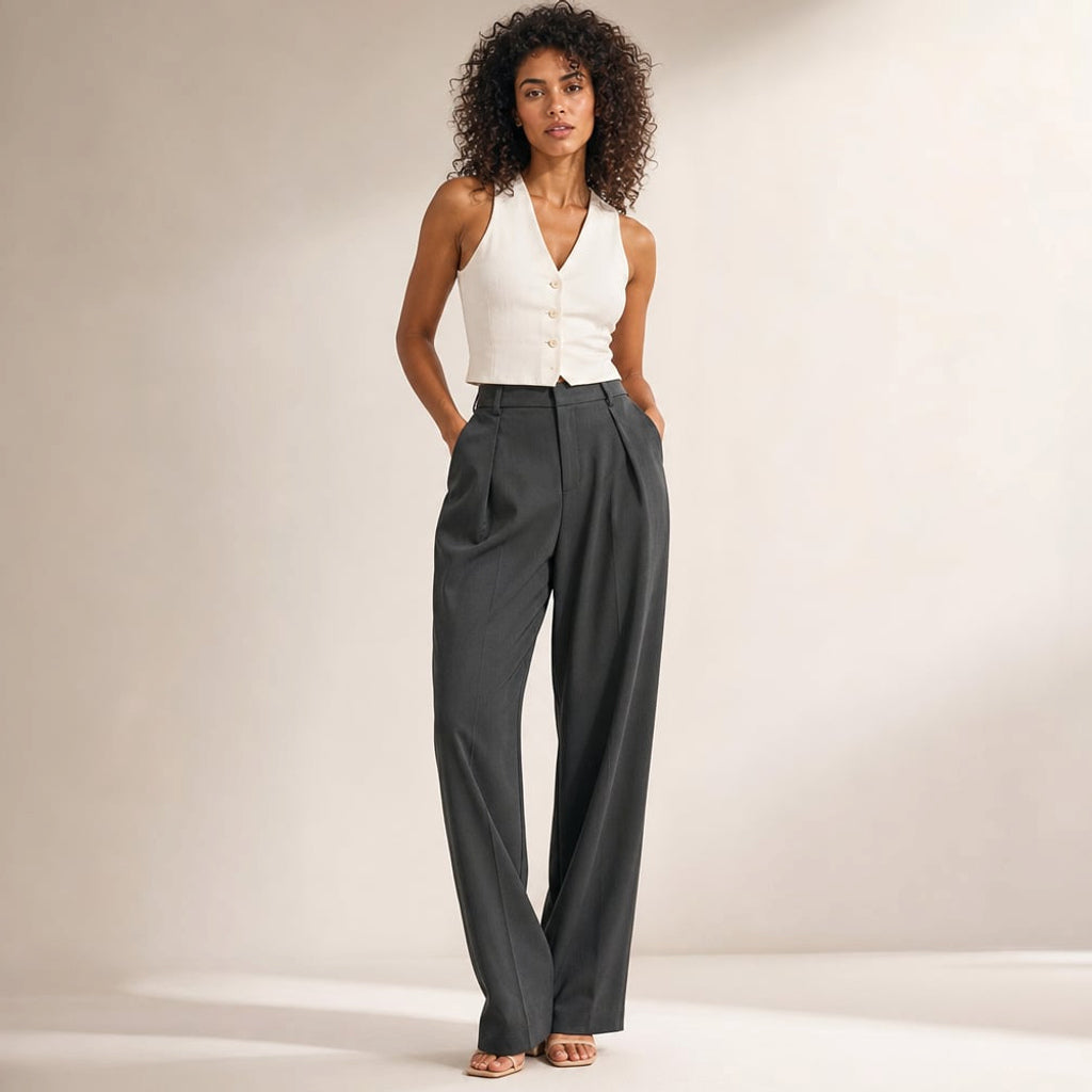Pantalones anchos de tiro alto corte sastre verano en Dark Grey – Labetina