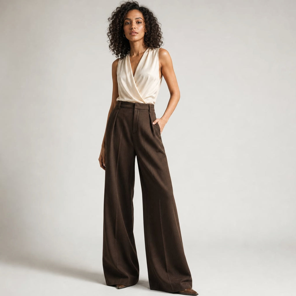 Pantalones anchos de tiro alto corte sastre verano en Brown – Labetina