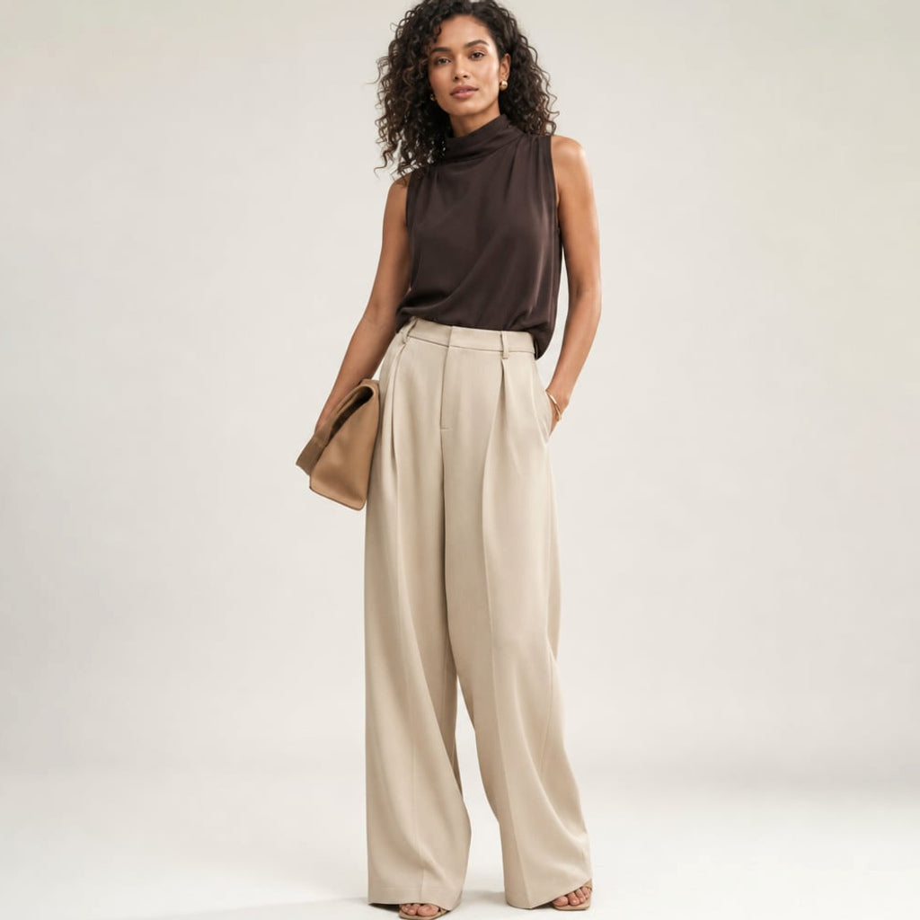 Pantalones anchos de tiro alto corte sastre verano en Beige – Labetina