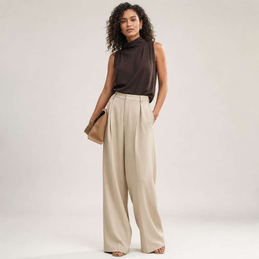 Pantalones anchos de tiro alto corte sastre verano en Beige – Labetina