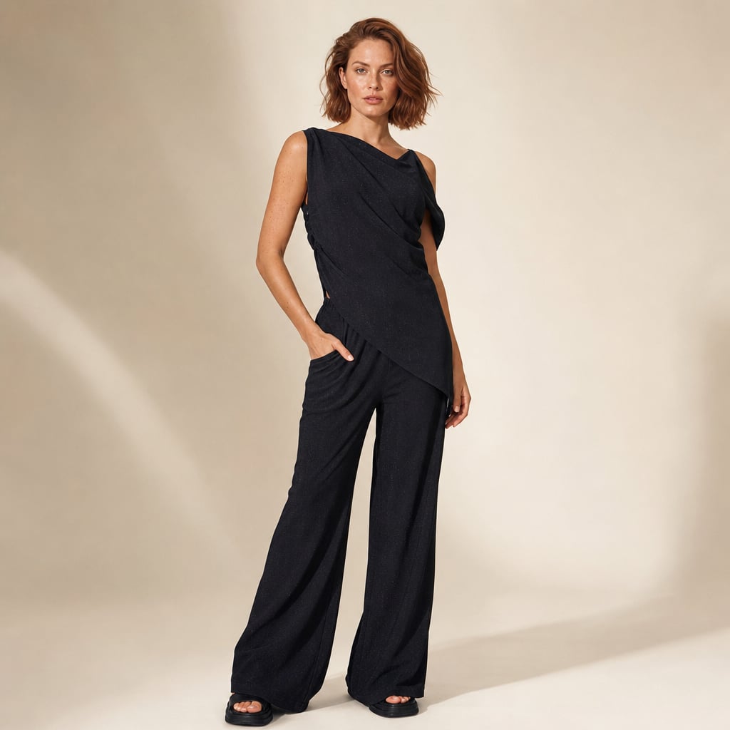 Co-ord off-shoulder asimétrico con pantalón wide-leg de algodón negro, vista frontal completa