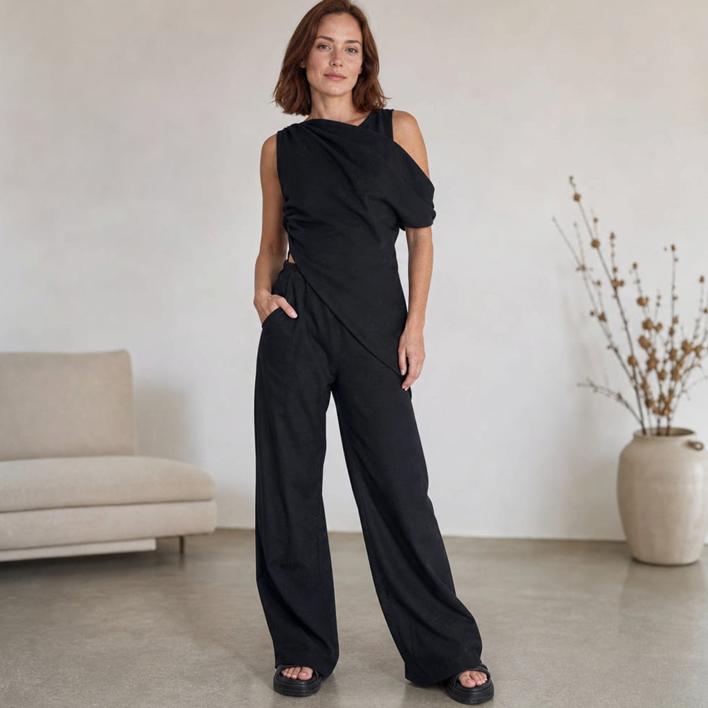 Co-ord de hombro asimétrico pantalón wide-leg algodón – Labetina
