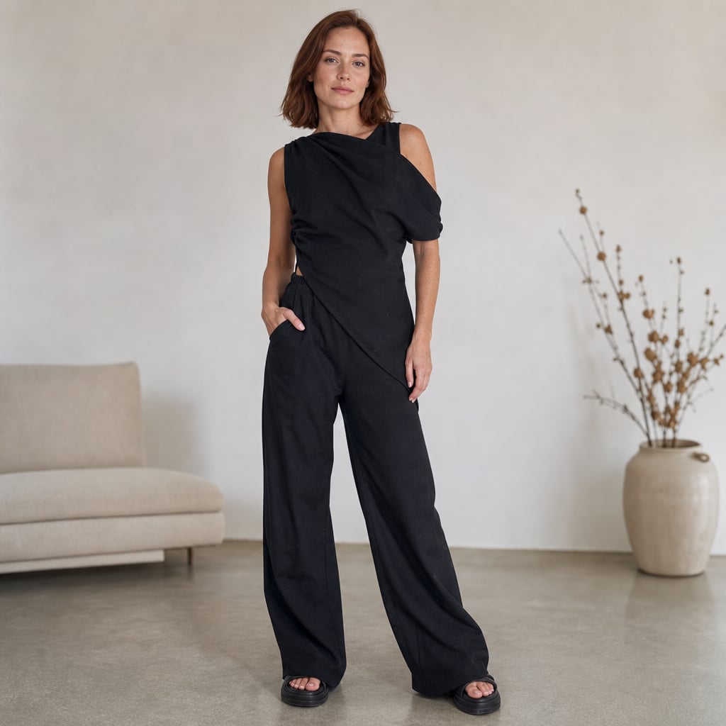Co-ord de hombro asimétrico pantalón wide-leg algodón – Labetina