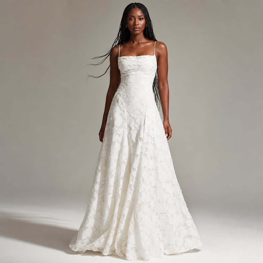 Vestido maxi floral blanco con tirantes delgados y falda de caída larga, vista frontal