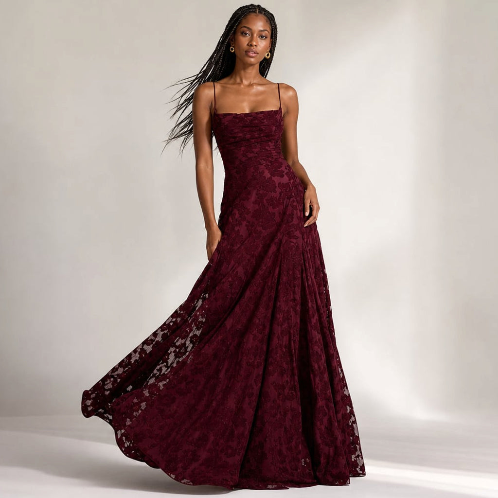 Vestido maxi floral tirantes delgados tres colores en Burgundy – Labetina