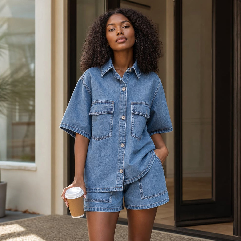 Set de mezclilla top y shorts de botones co-ord dos piezas – Labetina