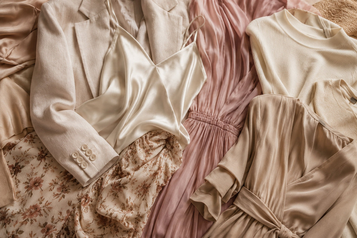Prendas de mujer en tonos crema y rosa palo acomodadas en plano, parte de la selección de Labetina.