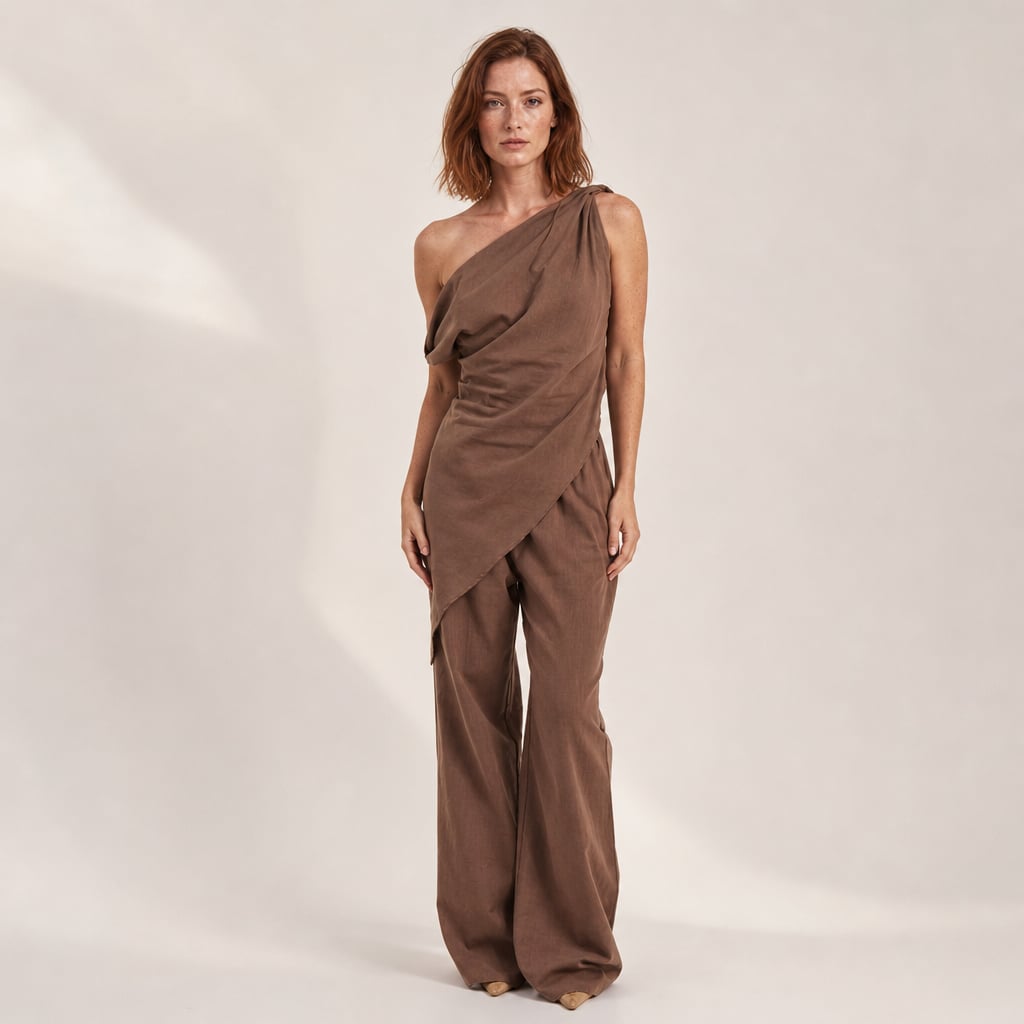 Conjunto off-shoulder de algodón en color chocolate con pantalón wide-leg de cintura elástica